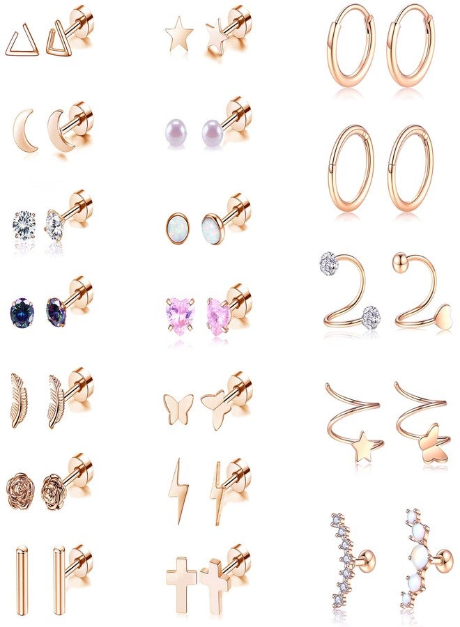 Staligue Stainless Steel Earrings,Staligue 19 Pairs Flat Back Earrings and Cartilage Hoop Earrings for Women Hypoallergenic Flat Back Stud Earrings Heart Opal Star Moon 20g Tiny Screw Back Cartilage Earring - Image 1